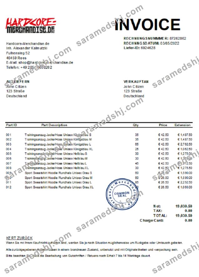 Germany Hardcore Merchandise invoice J. C. xls